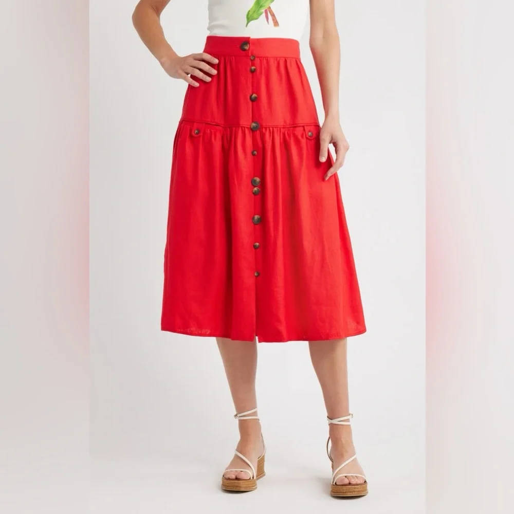 FARM Rio Mixed Buttons Linen Midi Skirt Red